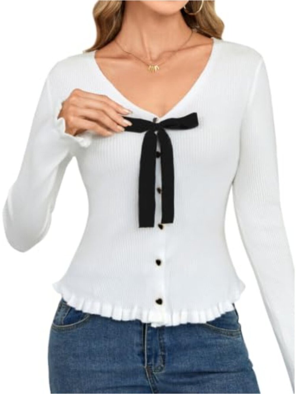 V Neck Bow Tie Cardigan Heart Button Ruffle Trim Ribbed Knit Top